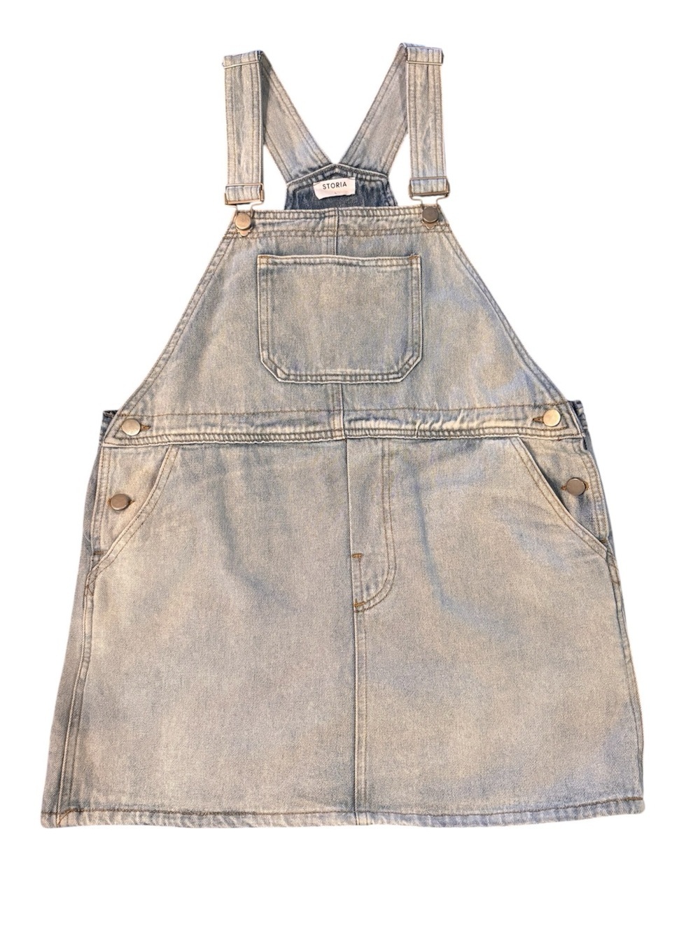 Storia Light Wash Denim Pinafore Overalls Dress in Blue, Large, Farmgirl Chic